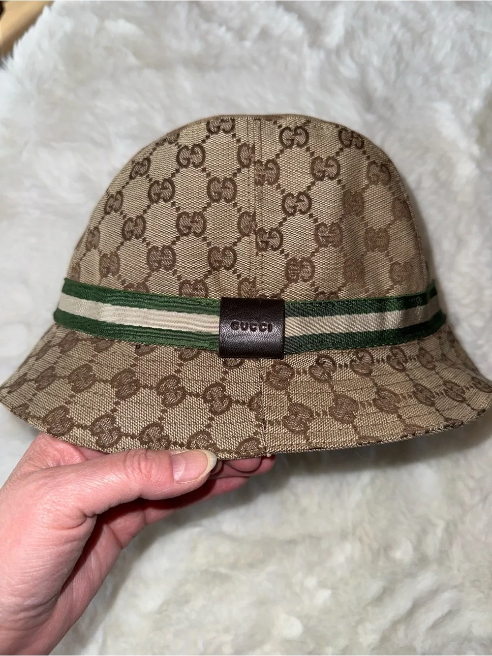 Gucci Tan GG Monogram Bucket Hat with Green and Cream Stripe - Picture 2 of 13